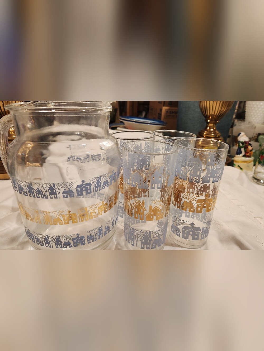 Vintage Federal Glass Village Pitcher Blue & Gold Houses , 4 Tall Glasses